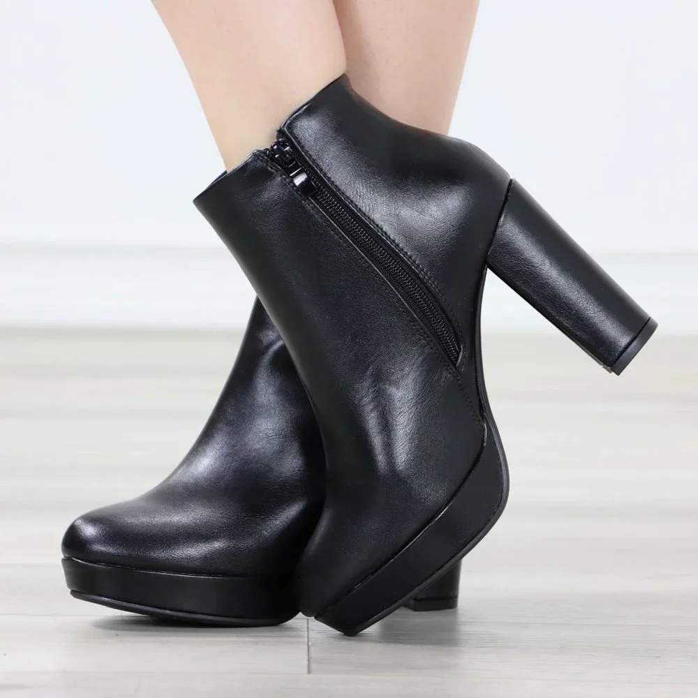 Womens Chunky Platform High Heeled Bootie Zip Up Black Ankle Boots Block Heel - Picture 15 of 15